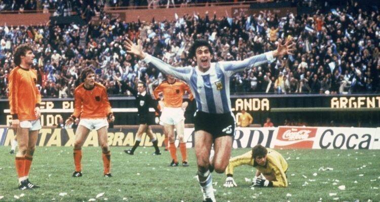 Mario Kempes of Argentina celebrates scoring a goal