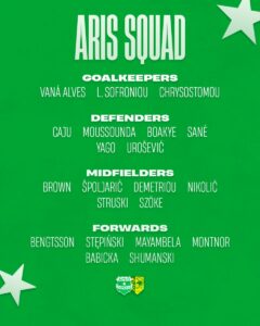 squad list for the game aris limassol aek en